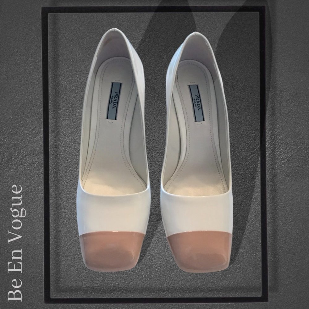 Prada Two Tone Patent Leather Cap Toe Pumps